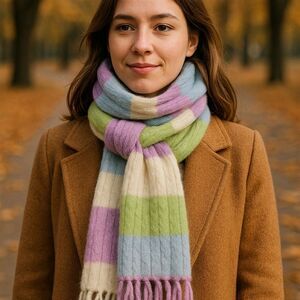 Pastel Striped Rabbit Hair Wool Nylon Scarf Cozy Soft Fuzzy Wintercore C…